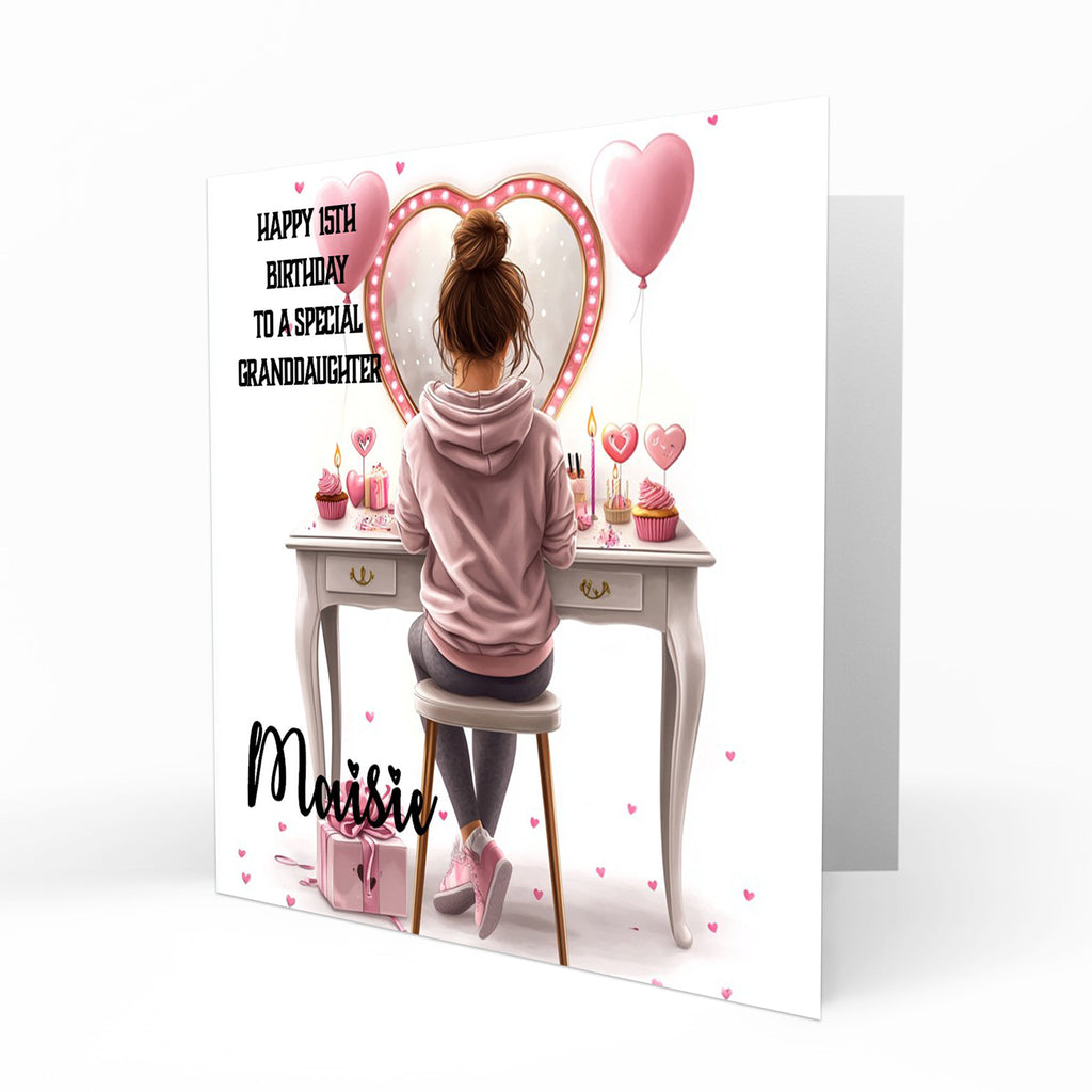 Personalised 15th Birthday Card - Girl at a Dressing Table with Pink Hearts