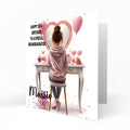 Personalised 15th Birthday Card - Girl at a Dressing Table with Pink Hearts