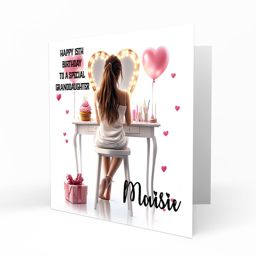 Personalised 13th 14th 15th 16th Birthday Card Girls Brown Hair Granddaughter Niece Daughter Sister Friend, Dressing Table, Any Age