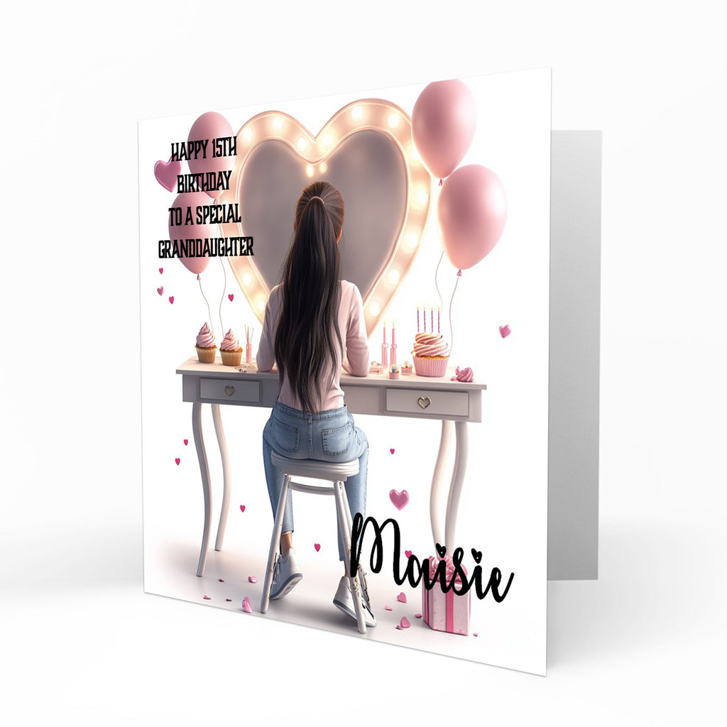 Personalised 13th 14th 15th 16th Birthday Card Girls With Brown Hair, Granddaughter Niece Daughter Sister Friend Dressing Table Lights
