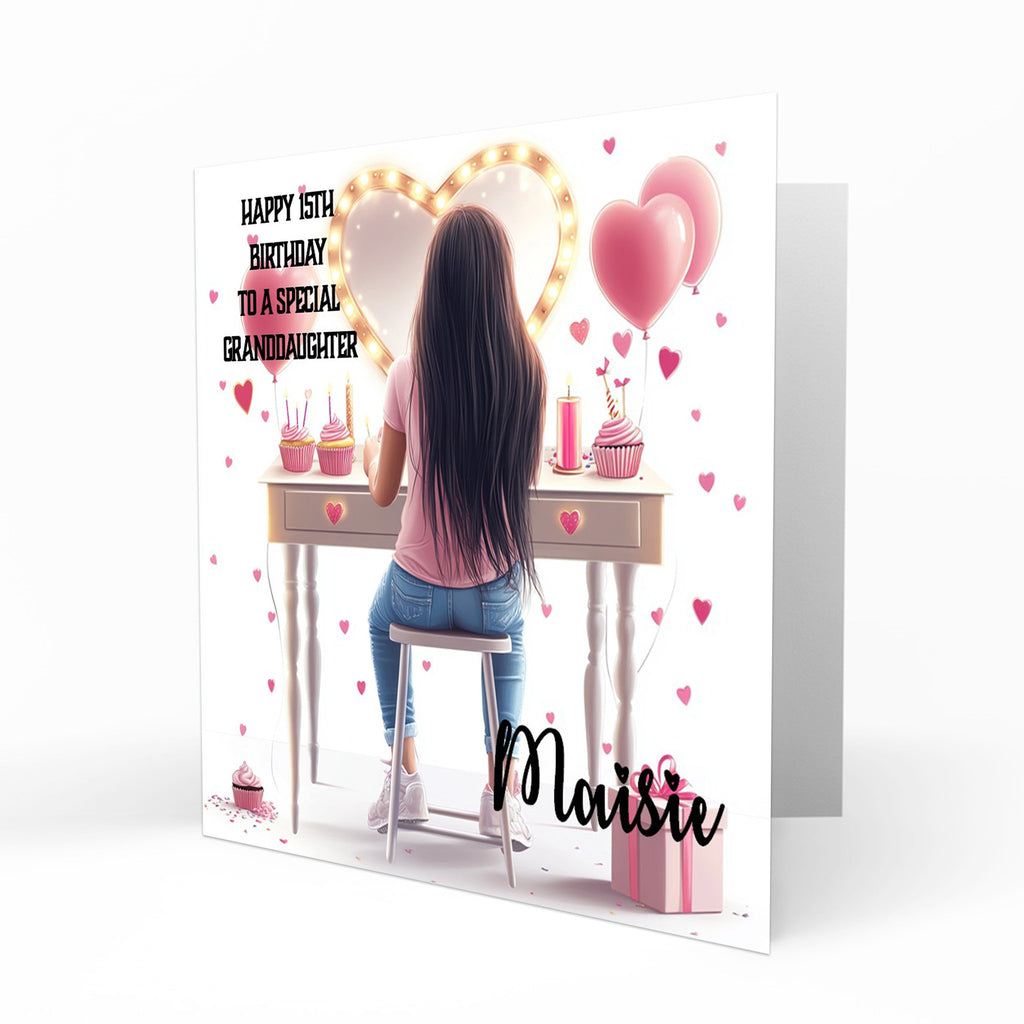 Personalised 13th 14th 15th 16th Birthday Card Girls With Brown Hair, Granddaughter Niece Daughter Sister Friend Dressing Table Lights
