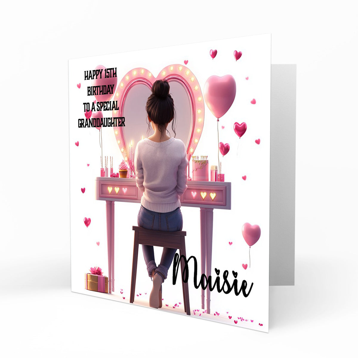 Personalised 13th 14th 15th 16th Birthday Card Girls With Black Hair, Granddaughter Niece Daughter Sister Friend Dressing Table Lights