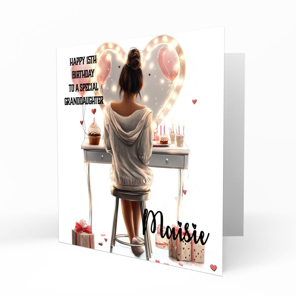 Personalised 13th 14th 15th 16th Birthday Card Girls With Black Hair, Granddaughter Niece Daughter Sister Friend Dressing Table Lights