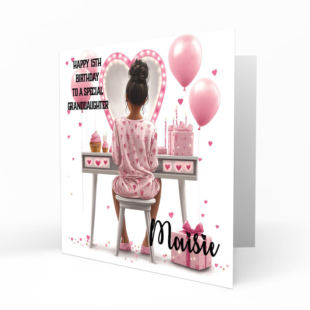 Personalised 13th 14th 15th 16th Birthday Card Girls With Black Hair, Granddaughter Niece Daughter Sister Friend Dressing Table Lights