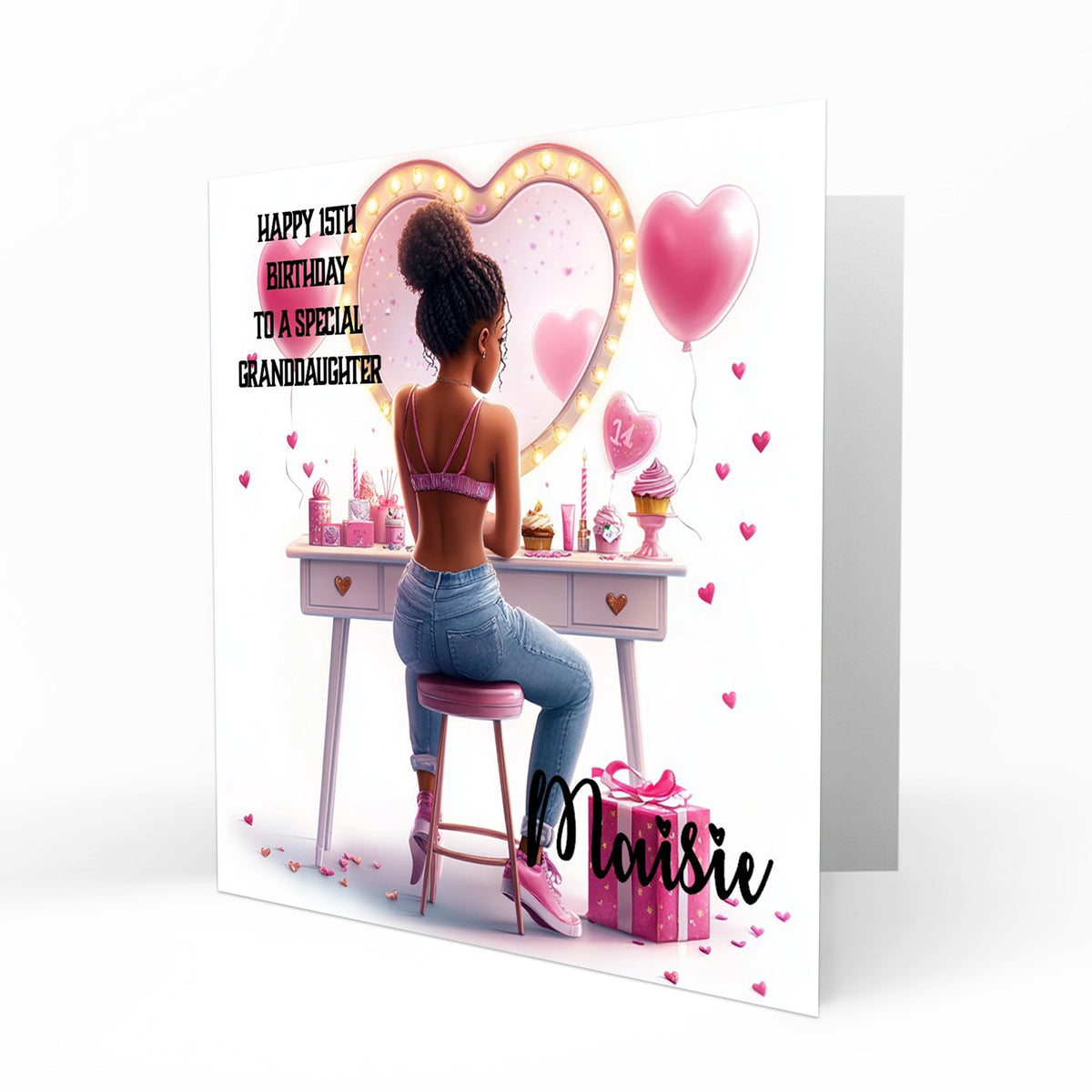 Personalised 13th 14th 15th 16th Birthday Card Girls With Black Hair, Granddaughter Niece Daughter Sister Friend Dressing Table Lights