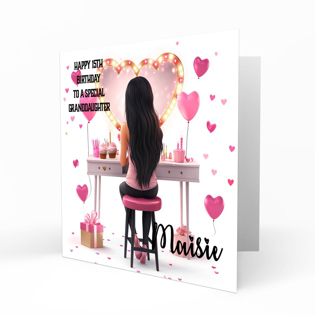 Personalised 13th 14th 15th 16th Birthday Card Girls With Black Hair, Granddaughter Niece Daughter Sister Friend Dressing Table Lights