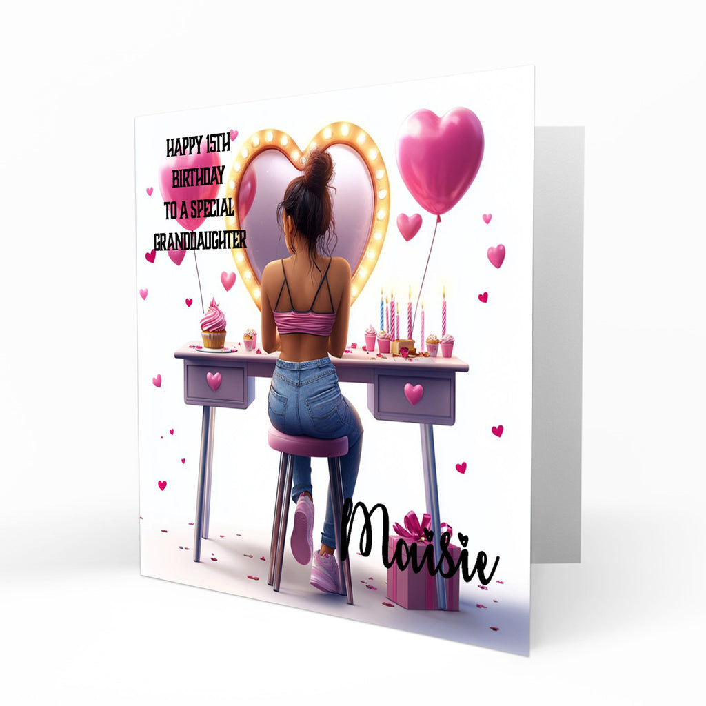 Personalised 13th 14th 15th 16th Birthday Card Girls With Black Hair, Granddaughter Niece Daughter Sister Friend Dressing Table Lights