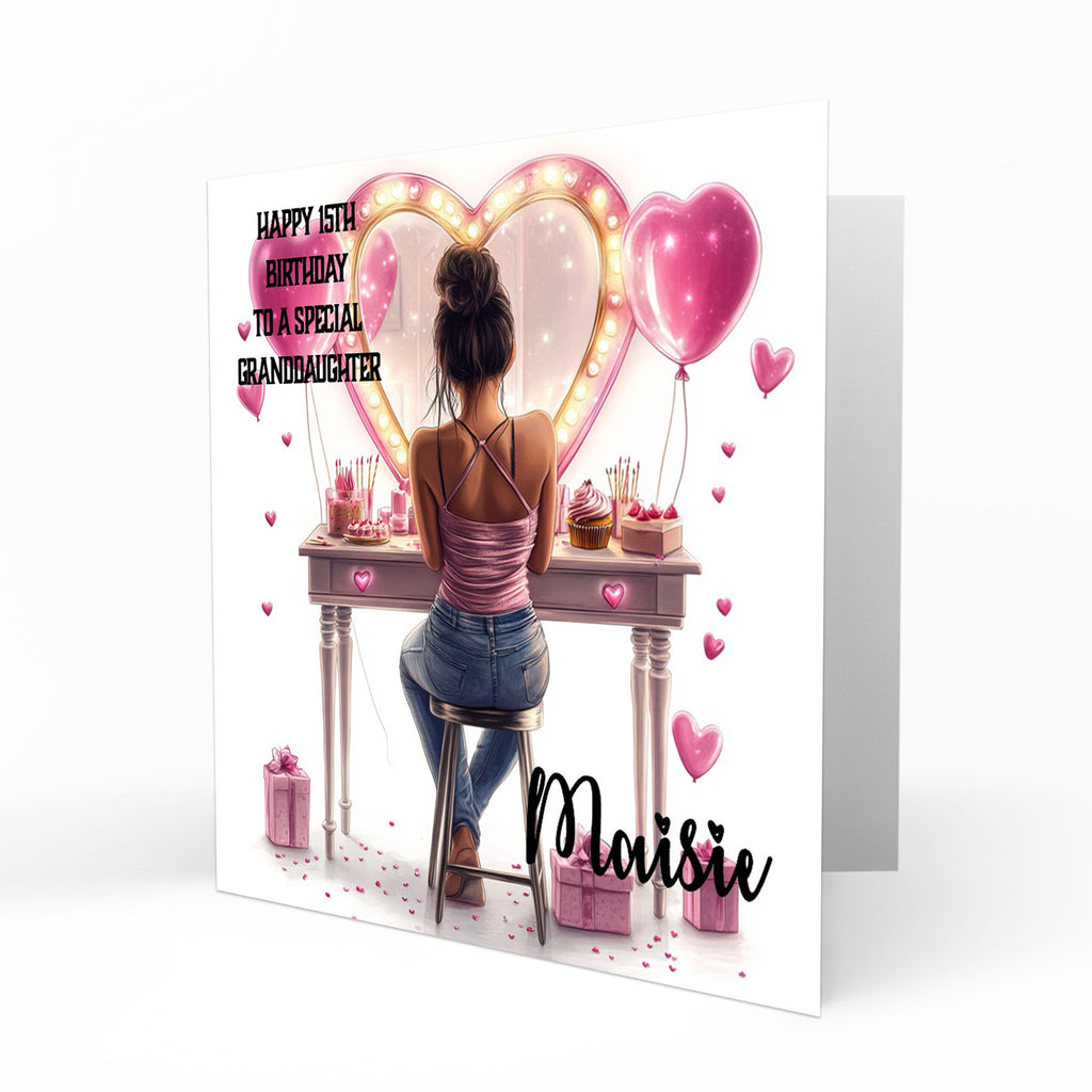 Personalised 13th 14th 15th 16th Birthday Card Girls With Black Hair, Granddaughter Niece Daughter Sister Friend Dressing Table Lights