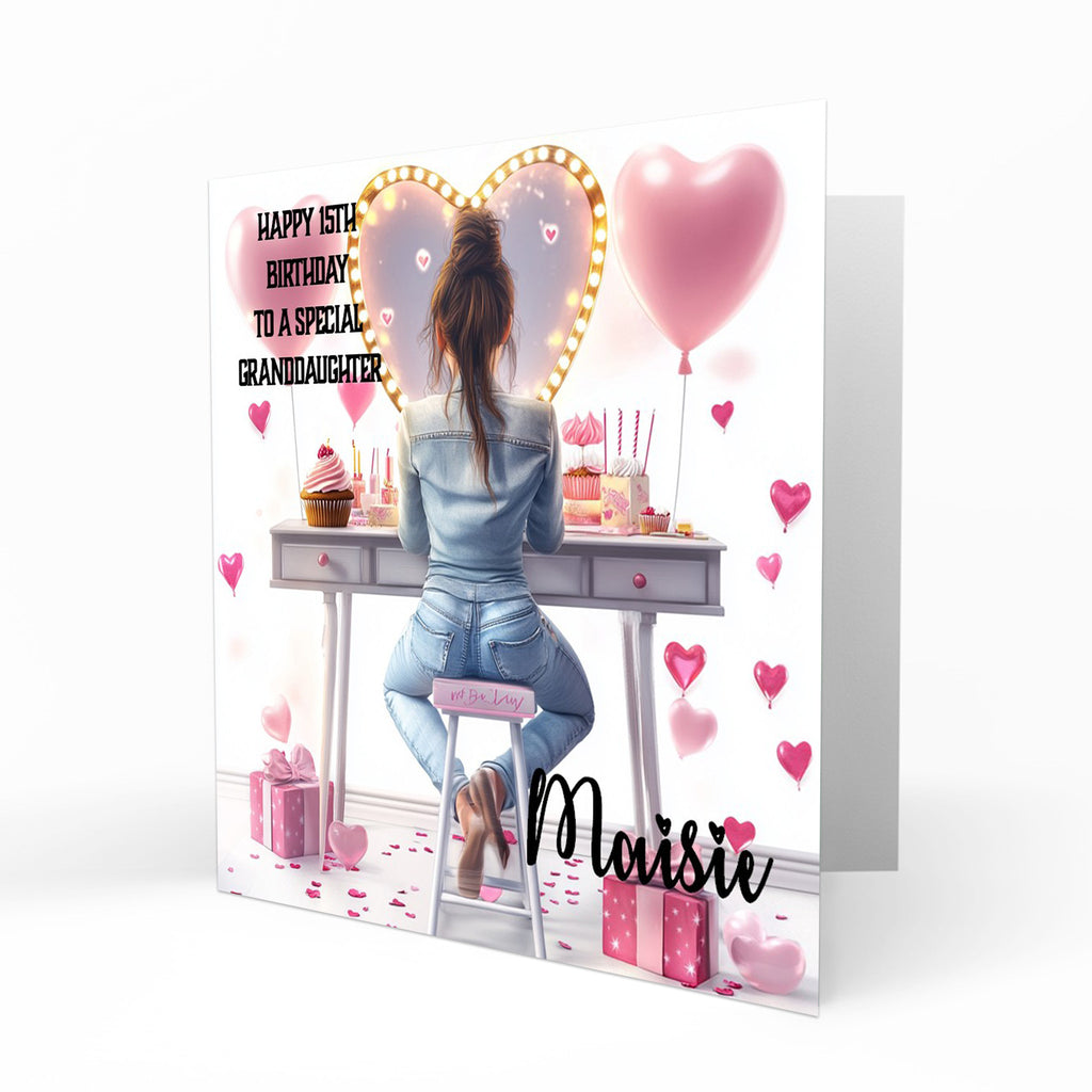Personalised 13th 14th 15th 16th Birthday Card Girls With Black Hair, Granddaughter Niece Daughter Sister Friend Dressing Table Lights
