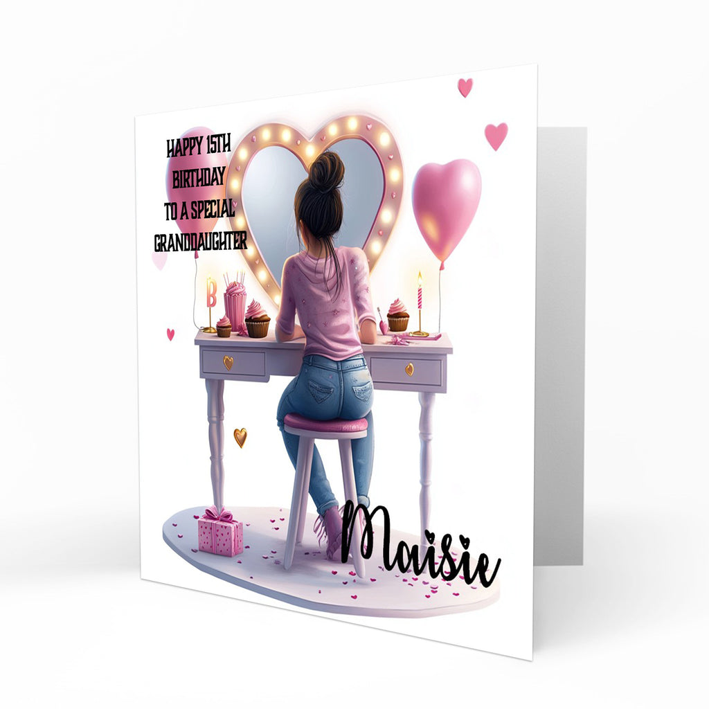 Personalised 13th 14th 15th 16th Birthday Card Girls With Black Hair, Granddaughter Niece Daughter Sister Friend Dressing Table Lights