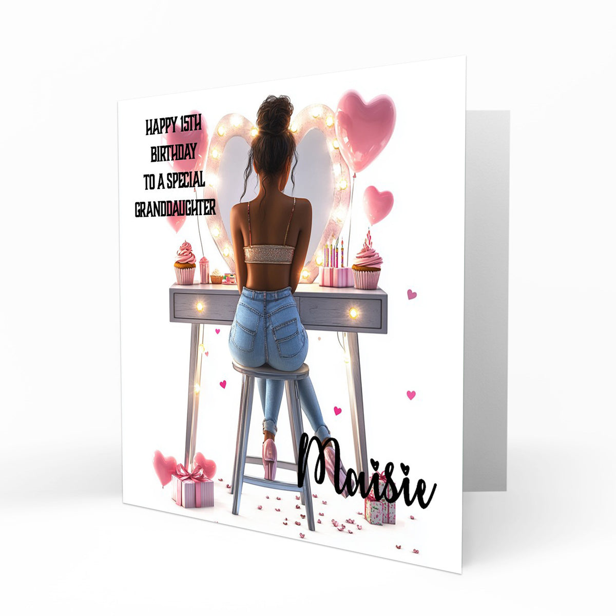 Personalised 13th 14th 15th 16th Birthday Card Girls With Black Hair, Granddaughter Niece Daughter Sister Friend Dressing Table Lights