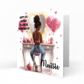 Personalised 15th Birthday Card - Girl at a Dressing Table with Pink Hearts