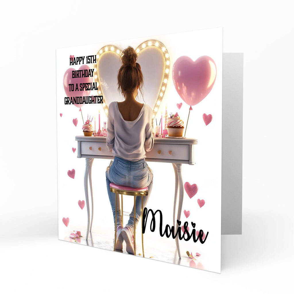 Personalised 13th 14th 15th 16th Birthday Card Girls With Black Hair, Granddaughter Niece Daughter Sister Friend Dressing Table Lights