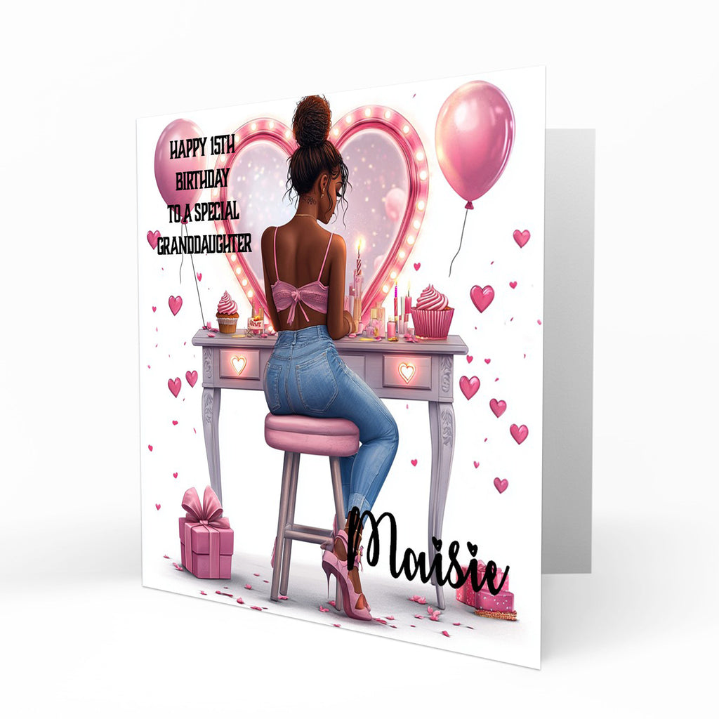 Personalised 13th 14th 15th 16th Birthday Card Girls With Black Hair, Granddaughter Niece Daughter Sister Friend Dressing Table Lights