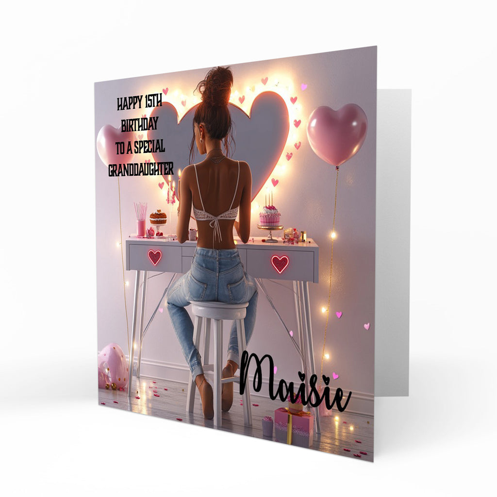 Personalised 13th 14th 15th 16th Birthday Card Girls With Black Hair, Granddaughter Niece Daughter Sister Friend Dressing Table Lights