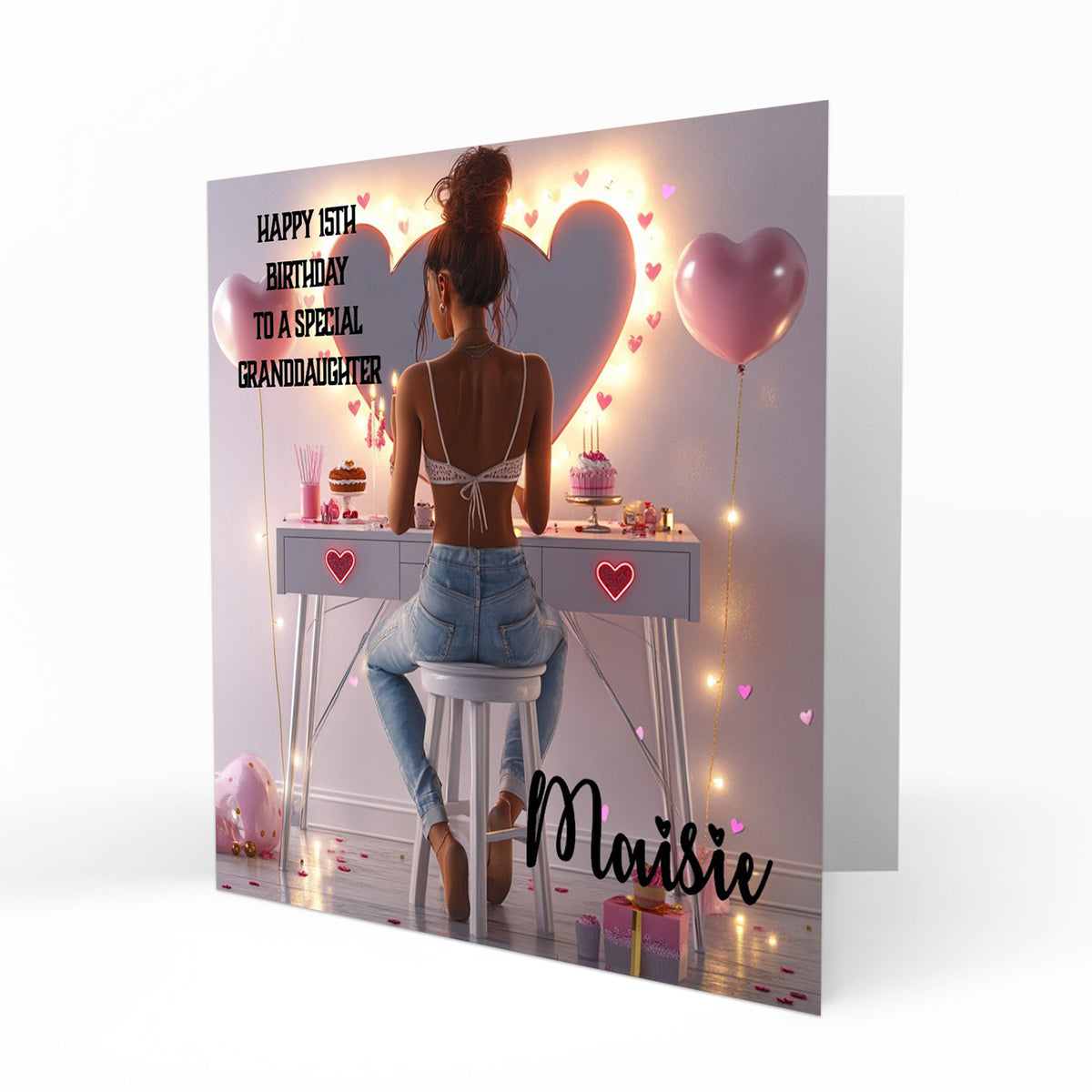 Personalised 13th 14th 15th 16th Birthday Card Girls With Black Hair, Granddaughter Niece Daughter Sister Friend Dressing Table Lights