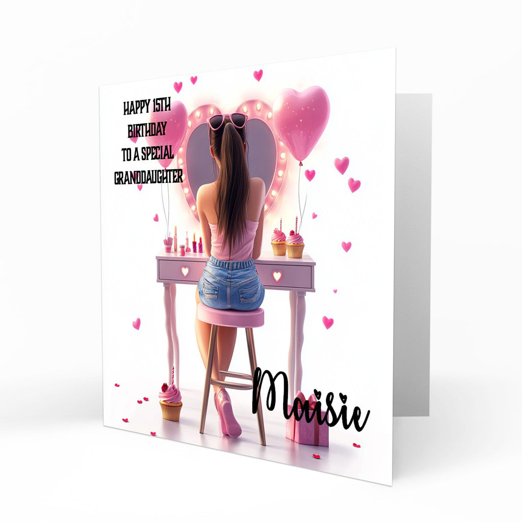 Personalised 13th 14th 15th 16th Birthday Card Girls With Black Hair, Granddaughter Niece Daughter Sister Friend Dressing Table Lights