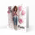 Personalised 15th Birthday Card - Girl Using a Phone with Pink Hearts and Balloons