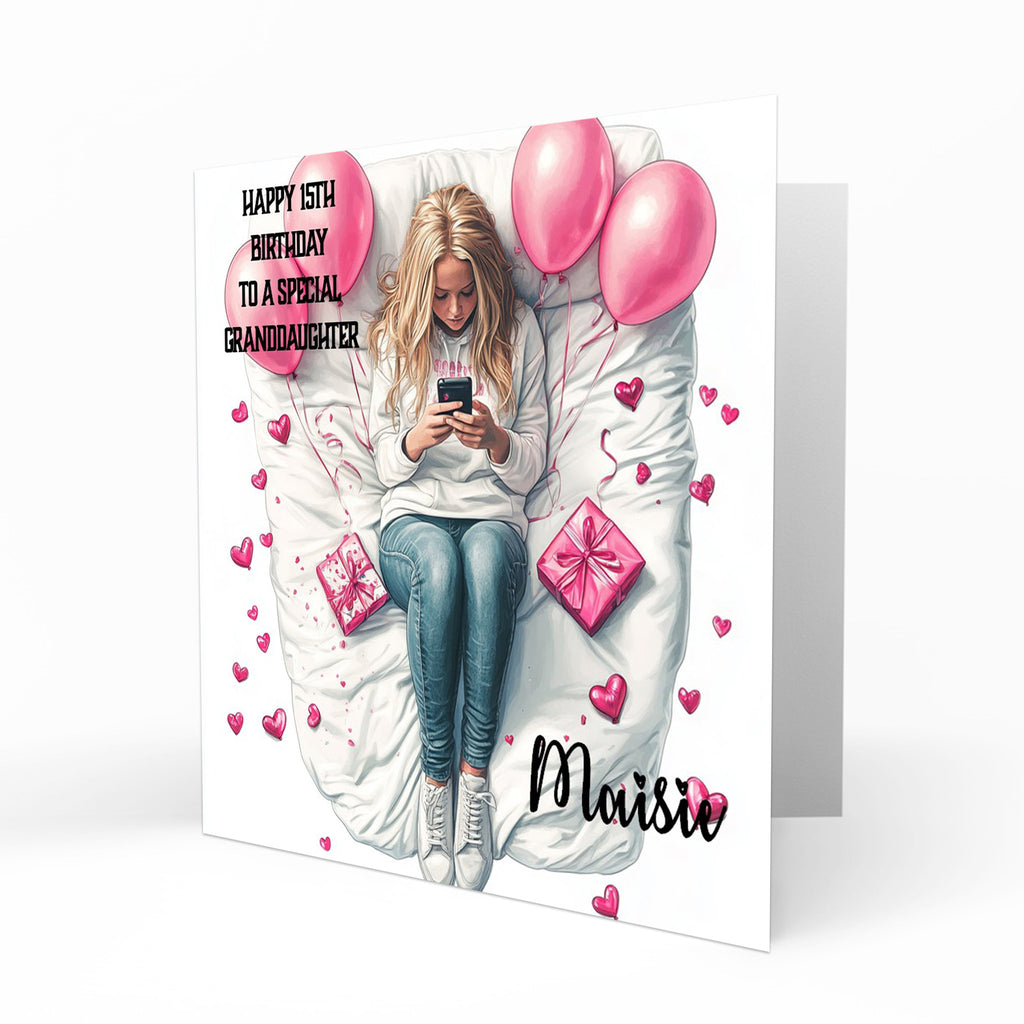 Personalised 13th Birthday Card - Girl Using a Phone with Pink Hearts and Balloons