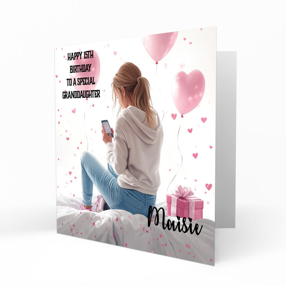 Personalised 13th Birthday Card - Girl Using a Phone with Pink Hearts and Balloons