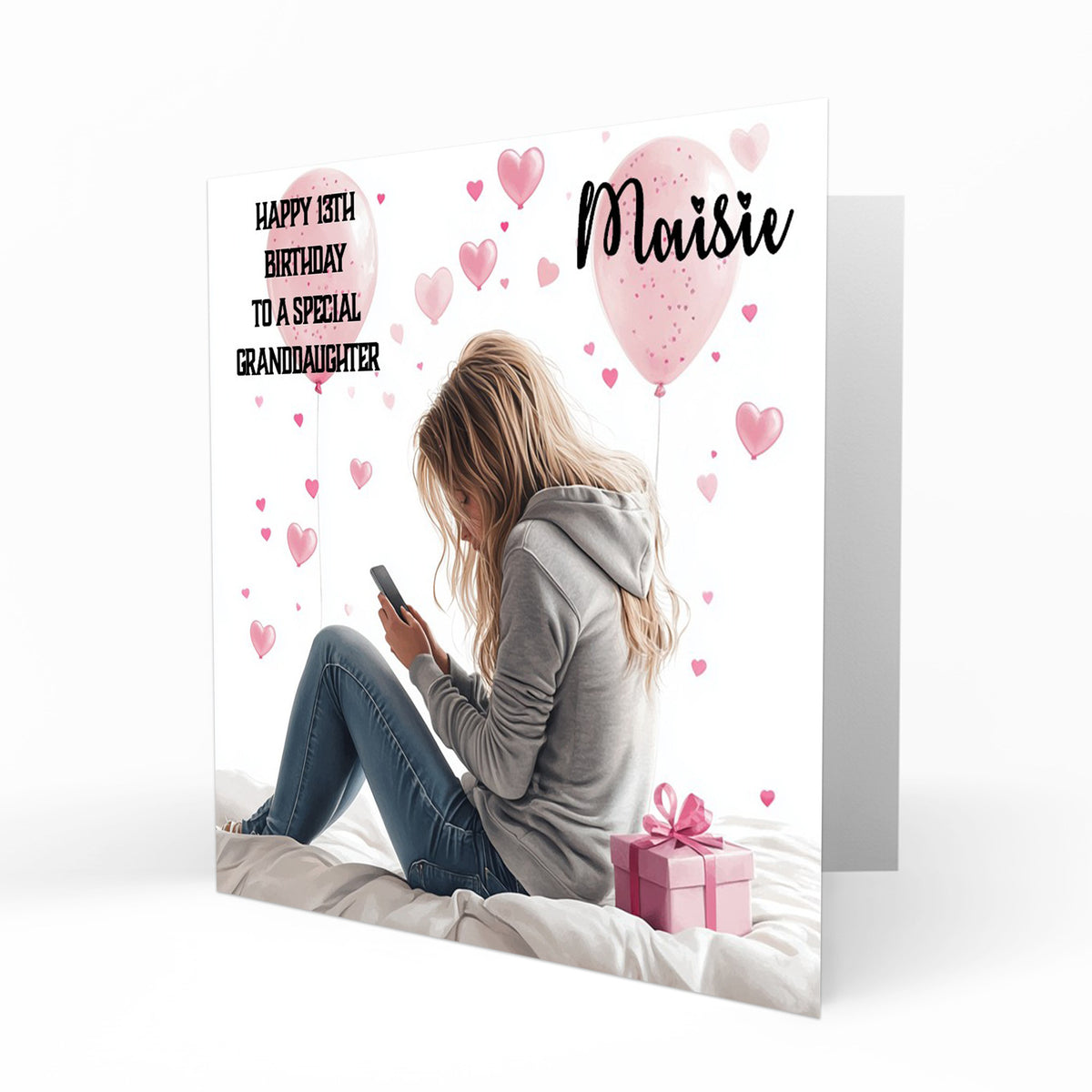 Personalised 13th Birthday Card - Girl Using a Phone with Pink Hearts and Balloons