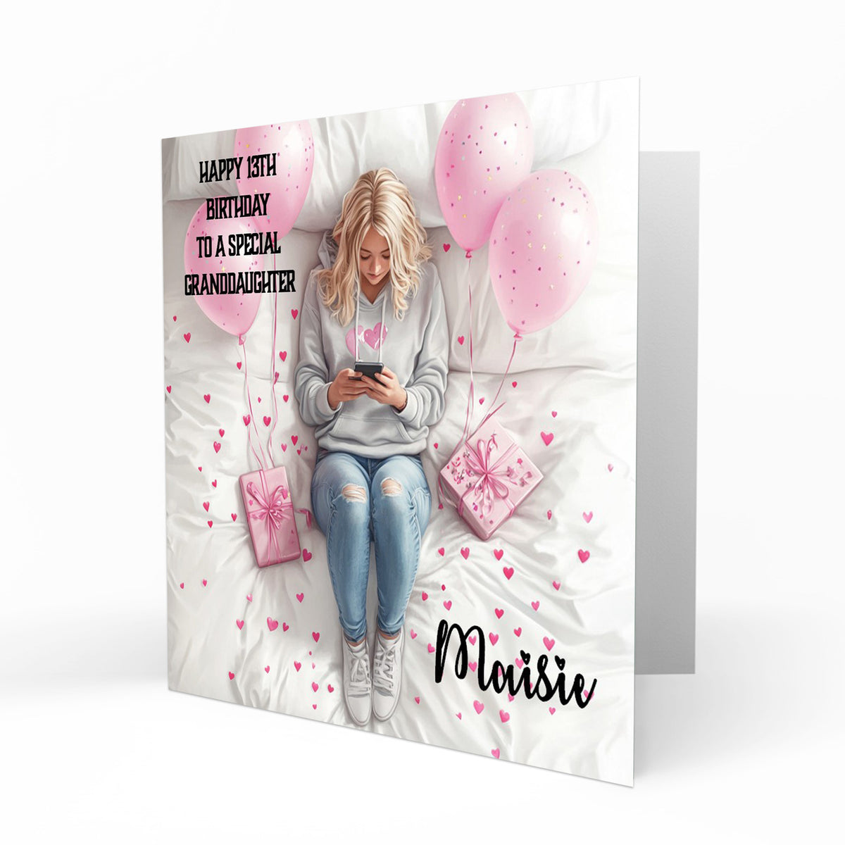 Personalised 13th Birthday Card - Girl Using a Phone with Pink Hearts and Balloons
