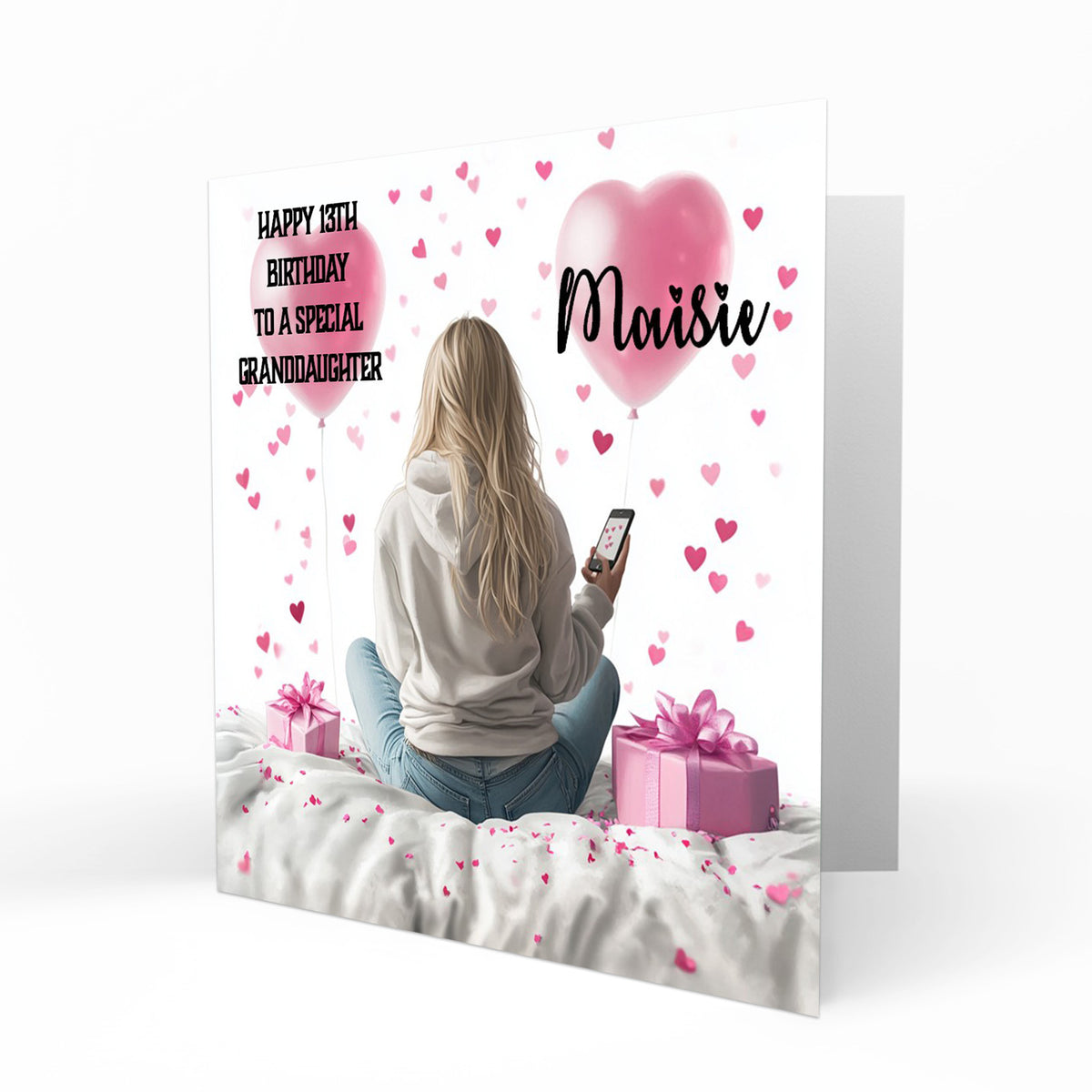 Personalised 13th Birthday Card - Girl Using a Phone with Pink Hearts and Balloons
