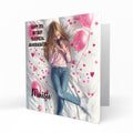 Personalised 13th Birthday Card - Girl Using a Phone with Pink Hearts and Balloons