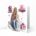 Personalised 13th Birthday Card - Girl Using a Phone with Pink Hearts and Balloons