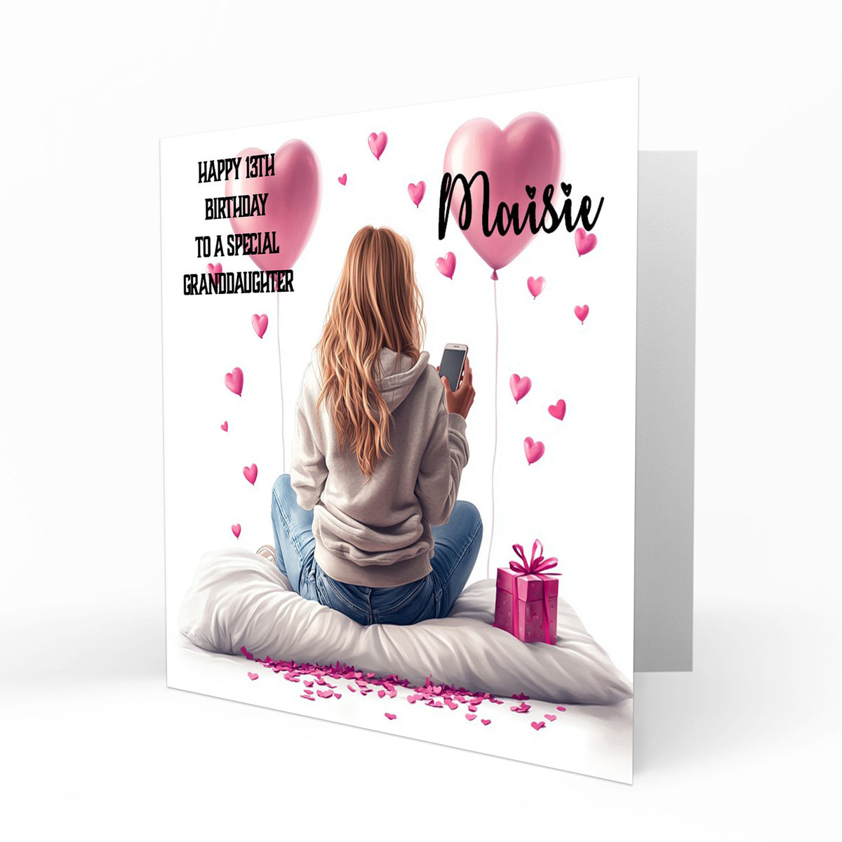 Personalised 13th Birthday Card - Girl Using a Phone with Pink Hearts and Balloons