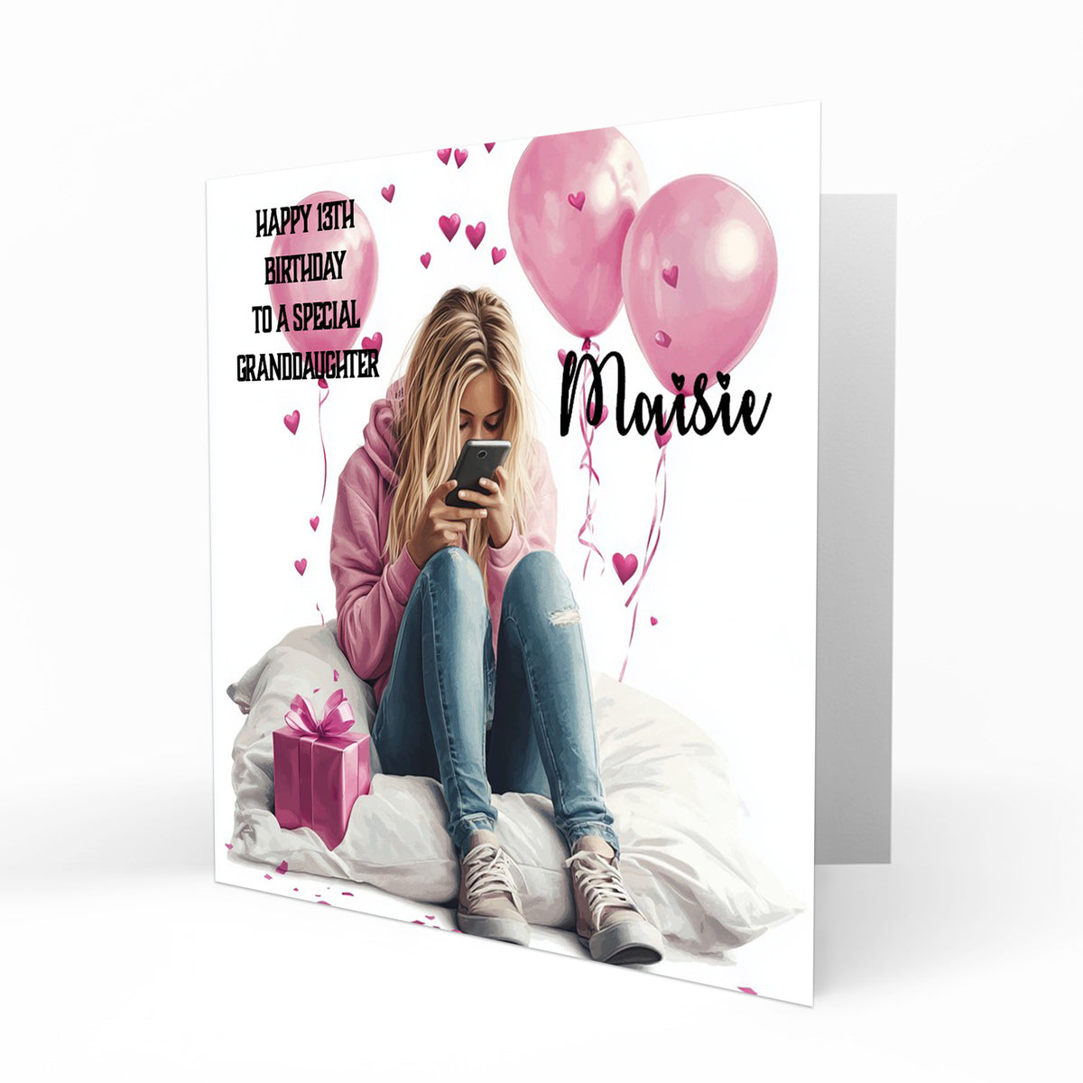 Personalised 13th Birthday Card - Girl Using a Phone with Pink Hearts and Balloons