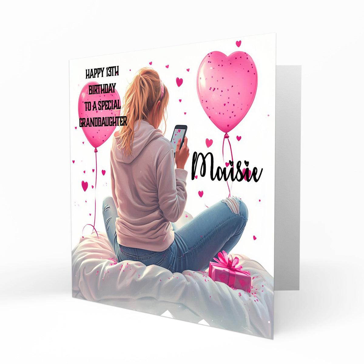 Personalised 13th Birthday Card - Girl Using a Phone with Pink Hearts and Balloons