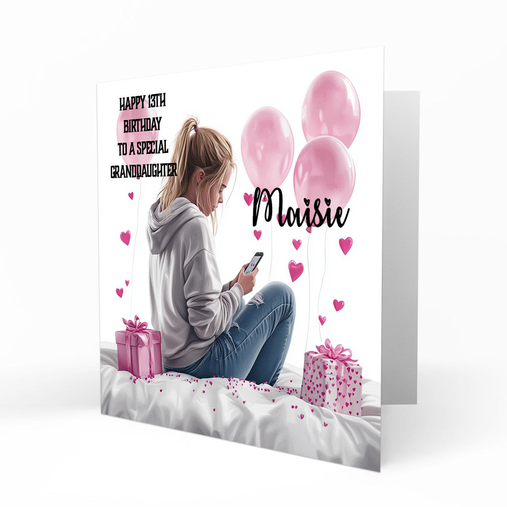 Personalised 13th Birthday Card - Girl Using a Phone with Pink Hearts and Balloons