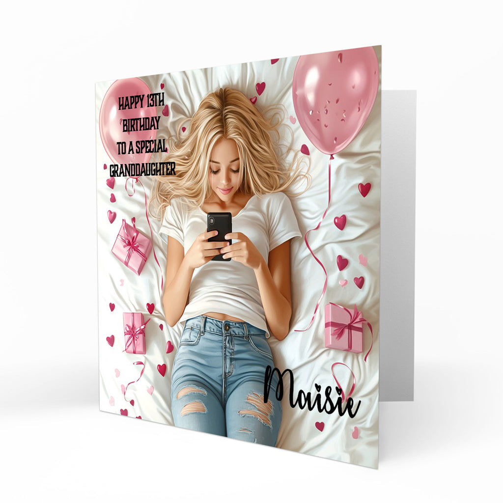 Personalised 13th Birthday Card - Girl Using a Phone with Pink Hearts and Balloons