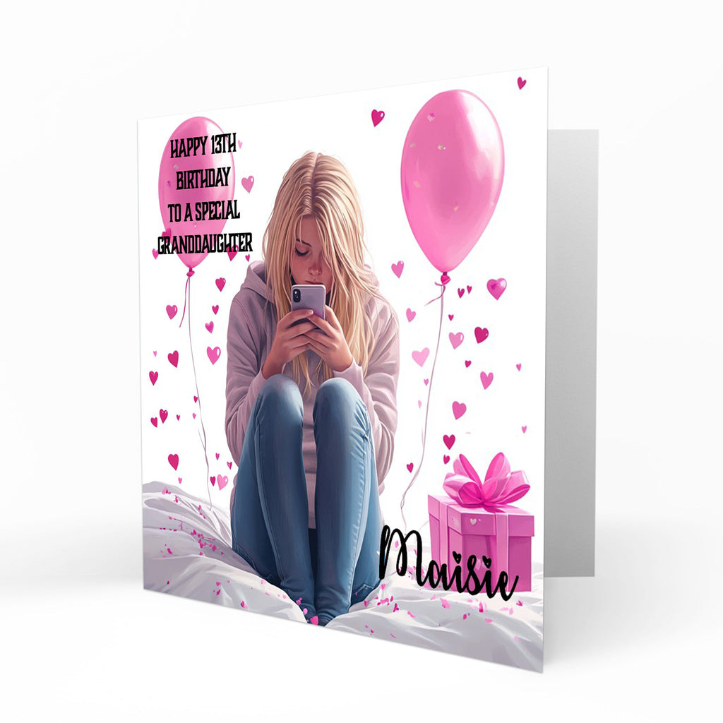 Personalised 13th Birthday Card - Girl Using a Phone with Pink Hearts and Balloons