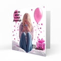 Personalised 13th Birthday Card - Girl Using a Phone with Pink Hearts and Balloons