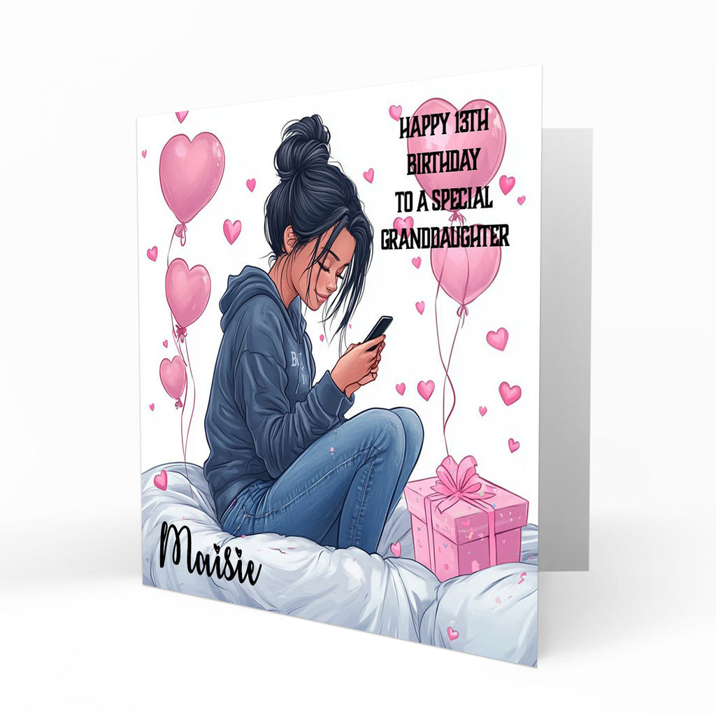 Personalised 13th Birthday Card - Girl Using a Phone with Pink Hearts and Balloons