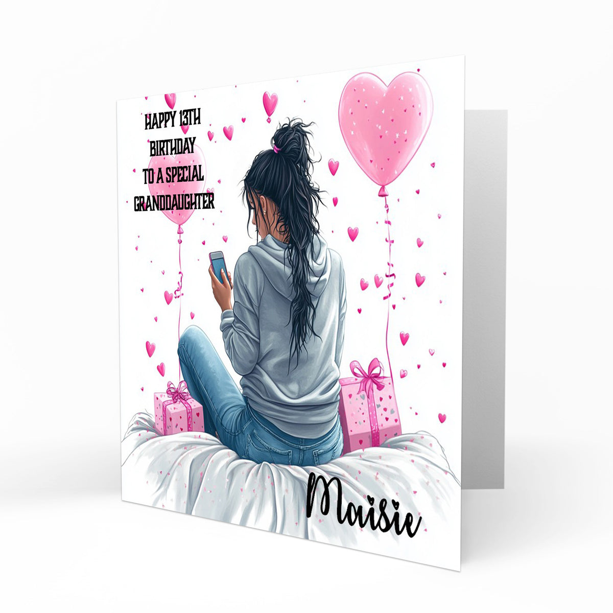 Personalised 13th Birthday Card - Girl Using a Phone with Pink Hearts and Balloons