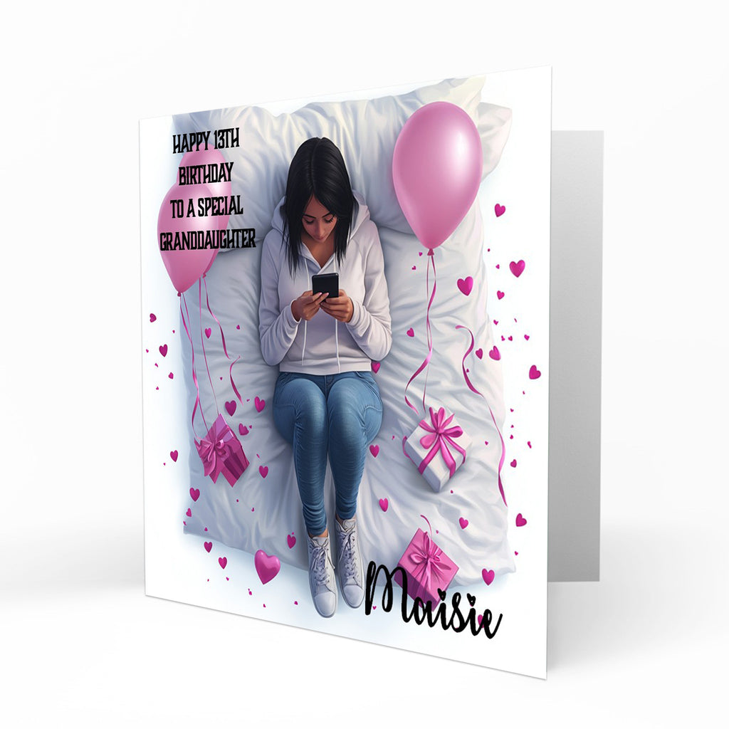 Personalised 13th Birthday Card - Girl Using a Phone with Pink Hearts and Balloons