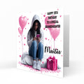 Personalised 13th Birthday Card - Girl Using a Phone with Pink Hearts and Balloons
