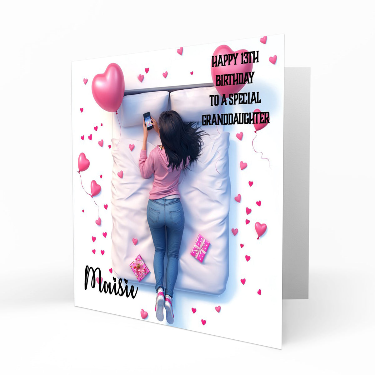 Personalised 13th Birthday Card - Girl Using a Phone with Pink Hearts and Balloons