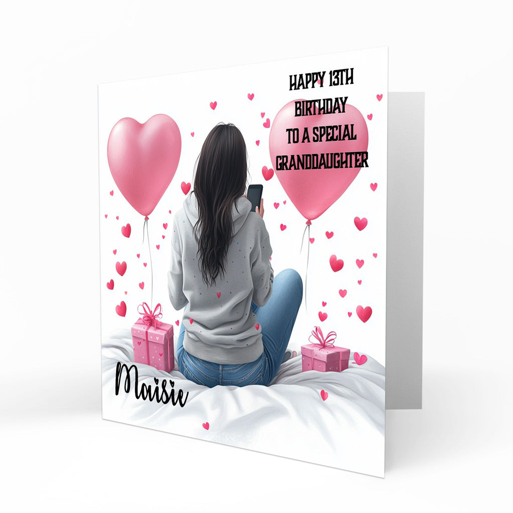Personalised 13th Birthday Card - Girl Using a Phone with Pink Hearts and Balloons