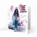 Personalised 13th Birthday Card - Girl Using a Phone with Pink Hearts and Balloons
