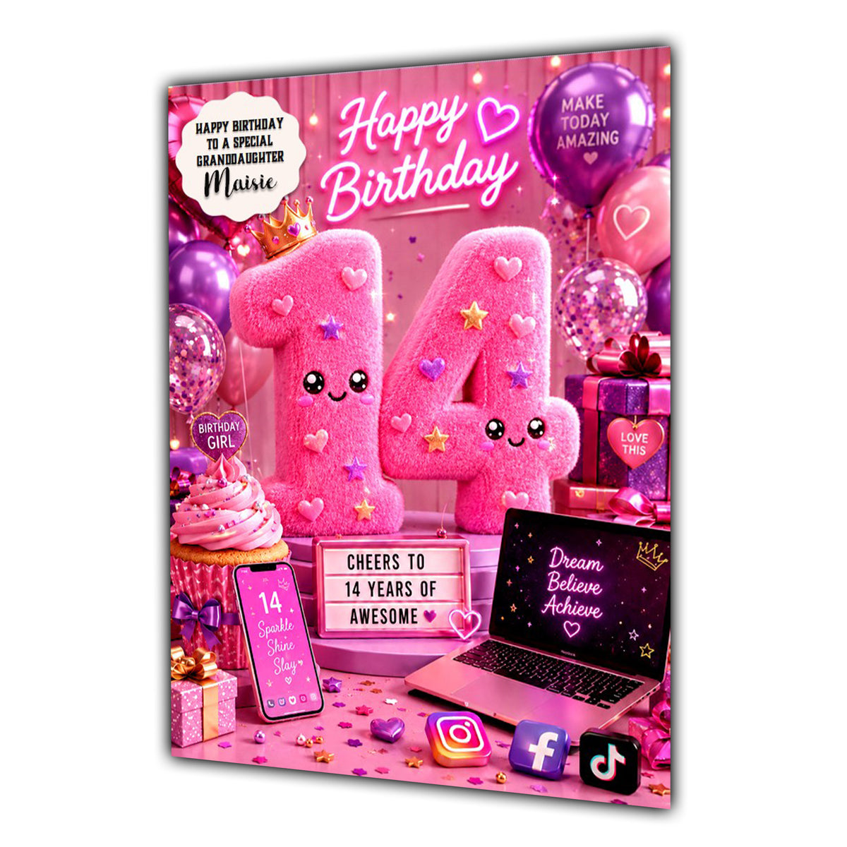 14th Birthday Card Social Media Granddaughter Daughter Niece Large A5 Size