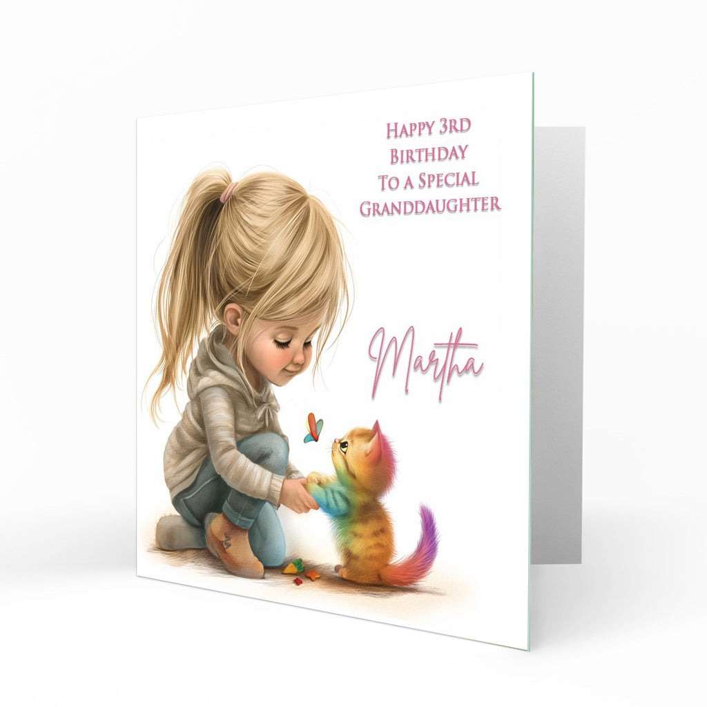 Personalised Birthday Card for Girls - Girl with a Kitten