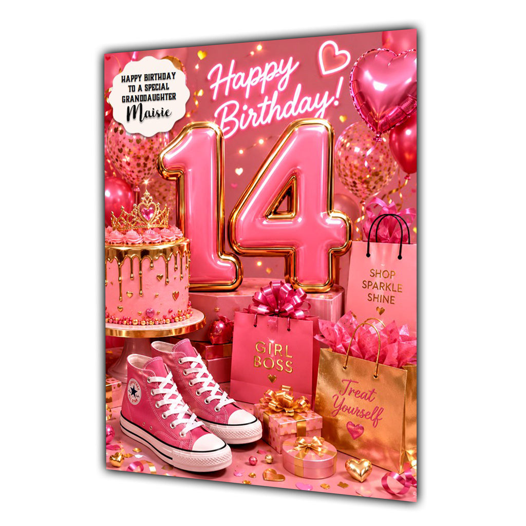 14th Birthday Card Girls Trainer Granddaughter Daughter Niece Large A5 Size