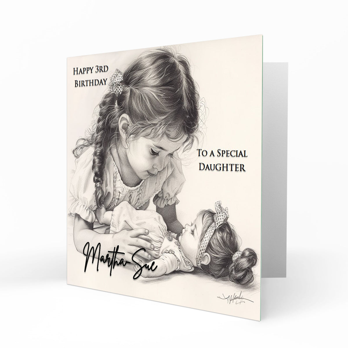 Personalised Birthday Card for Girls - Girl with a Doll, Pencil Sketch
