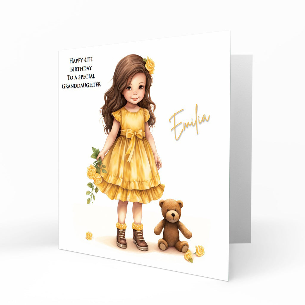 Personalised Birthday Card for Girls - Girl in a Yellow Dress with a Teddy Bear