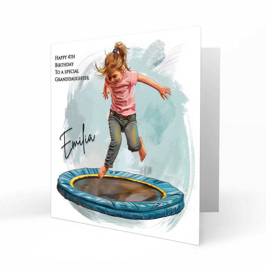 Personalised Birthday Card for Little Girls, 2nd, 3rd, 4th, 5th, 6th, Any Name, Age  Relation, Daughter Granddaughter Niece, Trampoline