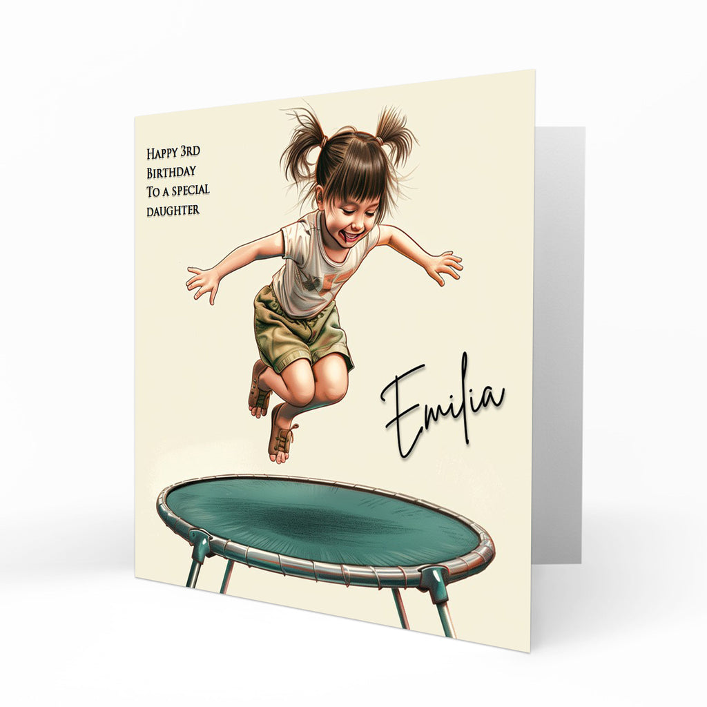 Personalised Birthday Card for Little Girls, 2nd, 3rd, 4th, 5th, 6th, Any Name, Age  Relation, Daughter Granddaughter Niece, Trampoline